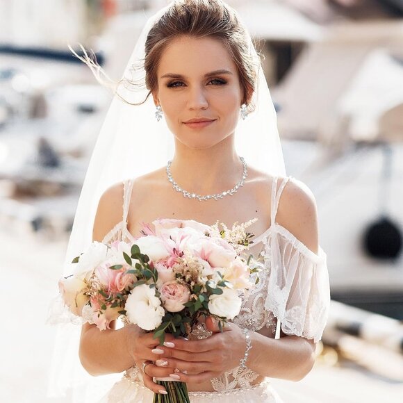 4 Pcs Crystal Rhinestone Wedding Set for Women Silver Wedding Necklace and Earri - Picture 6 of 9